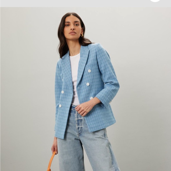 SANDRO Paris Blue Tweed Double Breasted Blazer Size 36 US 4/Small - Picture 3 of 16